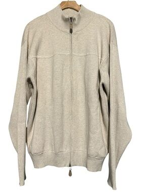 Norm Thompson Vintage L Heathered Oatmeal Cotton Rib Double Zip Sweater Cardigan